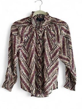 Veronica Beard Calisto Ruffle Neck Print Button Down Cotton Blouse Size L